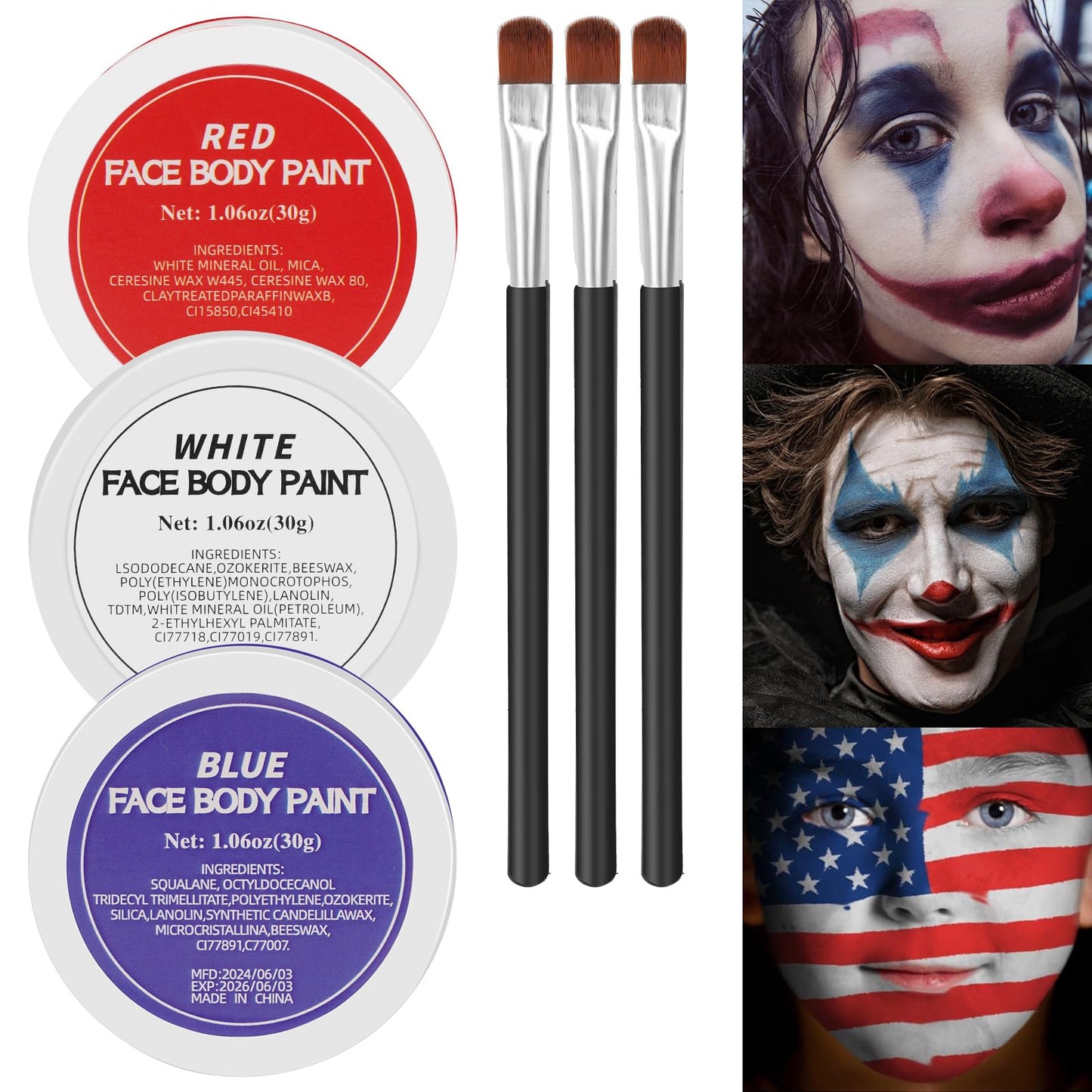 White Red Blue Face Body Paint,Halloween Clown Makeup Kit with 3 Brushes,Professional Red White Blue Face Body Painting Kit for Clown, Joker, Theater Beauty & Personal Care Js2U ZW