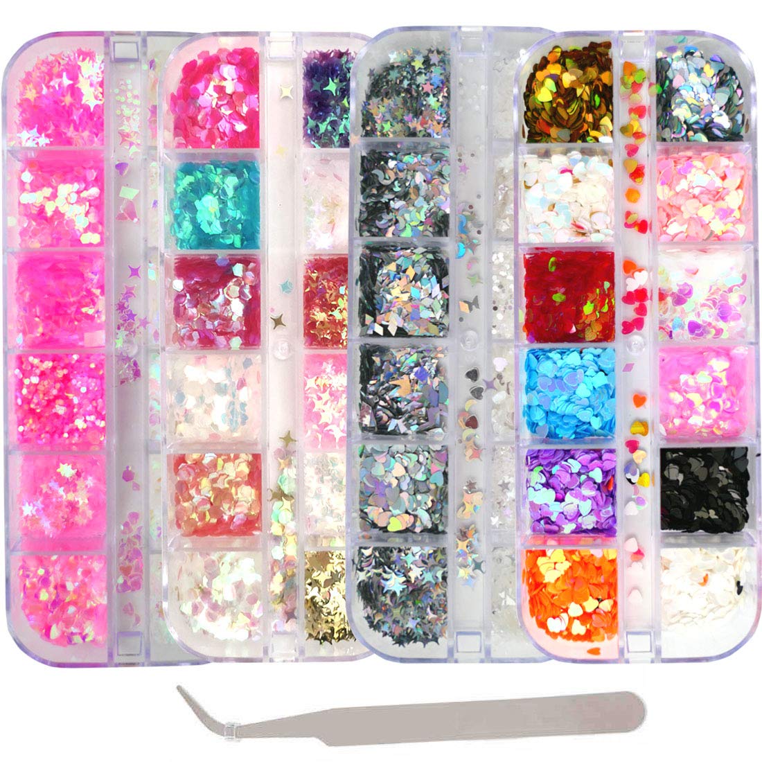 AddFavor 4 Boxes Holographic Nail Sequins Mixed Shapes Iridescent Glitter Flakes Hearts Star Moon DIY Design Manicure Nail Art Decorations Sets Beauty & Personal Care AddFavor