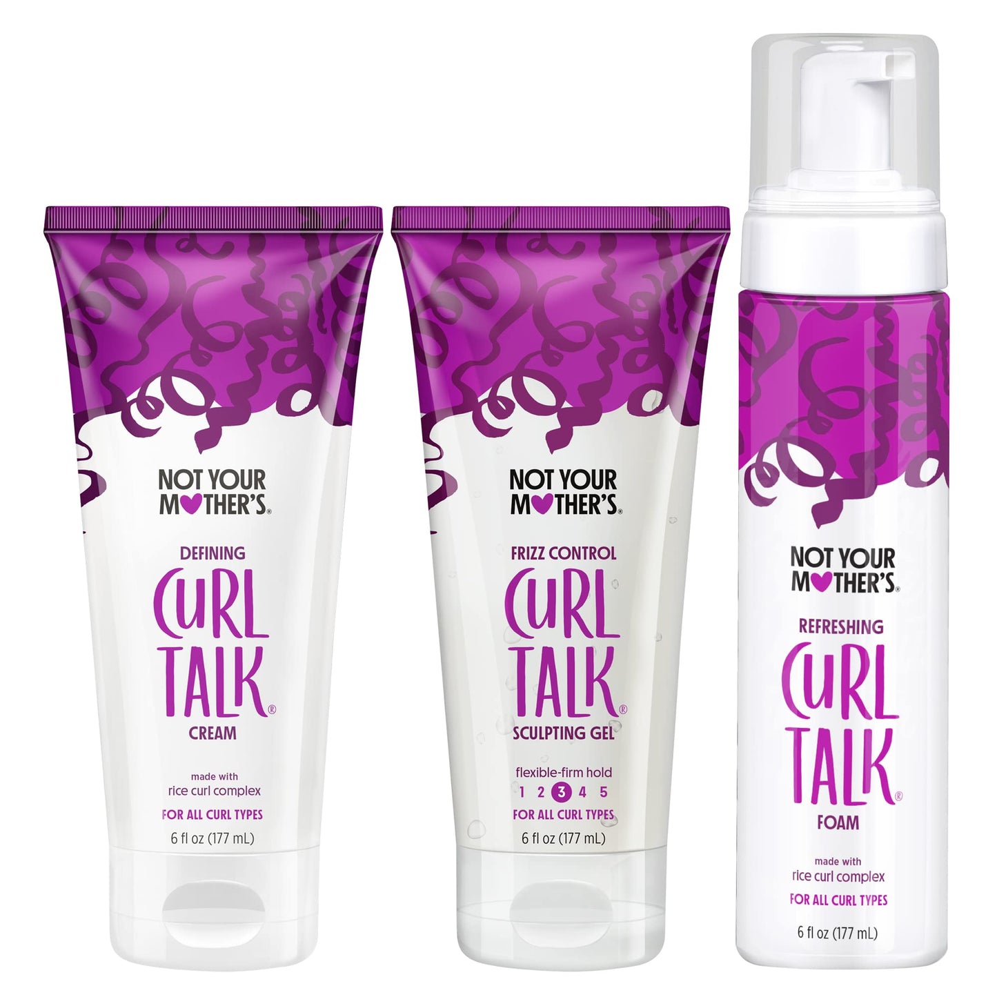 Not Your Mother's Curl Talk Frizz Control Sculpting Gel, Defining Cream, and Refreshing Curl Foam (3-Pack) - 6 fl oz - Formulated with Rice Curl Beauty & Personal Care Not Your Mother's