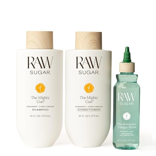 Raw Sugar The Mighty Curl Hair Care Duo and Rosemary Vinegar Hair Rinse (3 Products) Gently Cleanses, Defines Curls & Boosts Shine, Without SLS/SLES Beauty & Personal Care RAW SUGAR