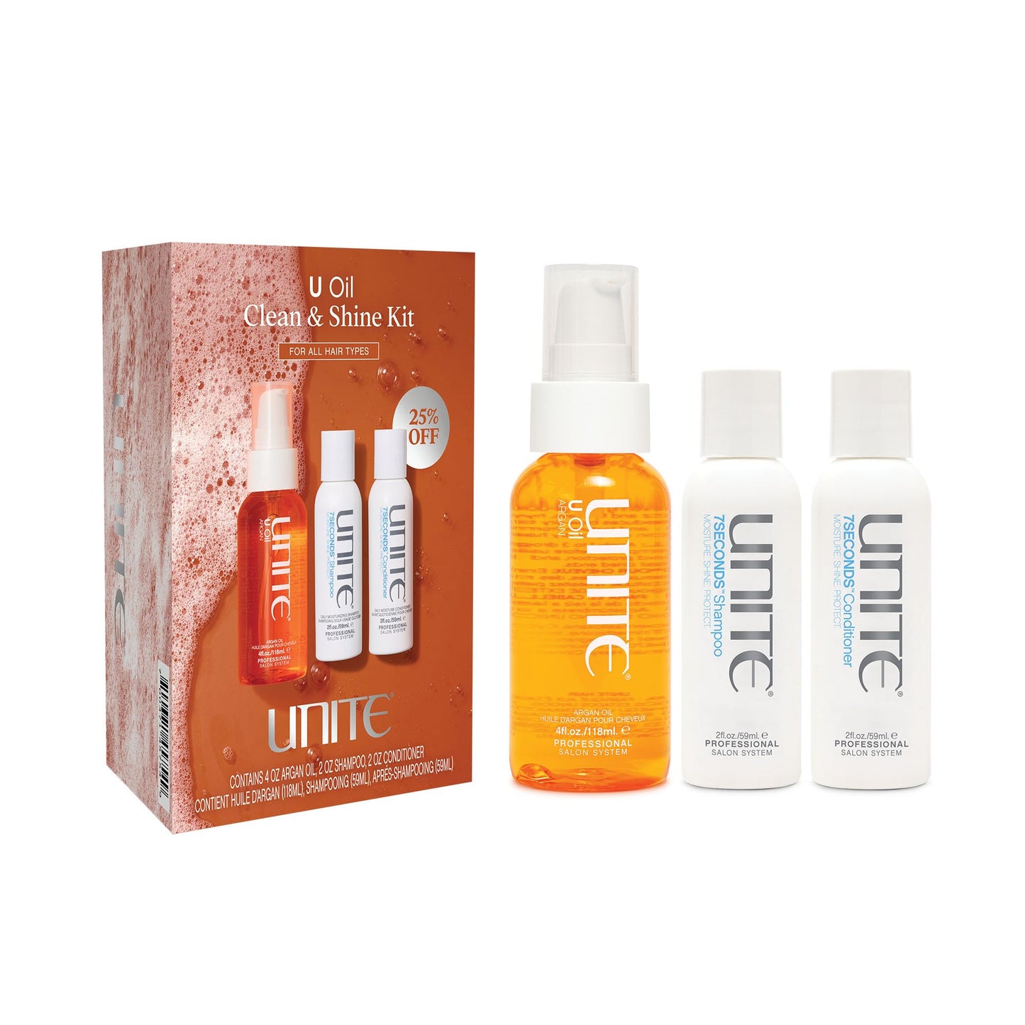 UNITE Hair - 7SECONDS Hydrating Shampoo, Conditioner & Shine Hair U Oil Set - Anti-Frizz, Repairs Dry Damaged Hair - Soft, Smooth & High Shine, Color Beauty & Personal Care UNITE
