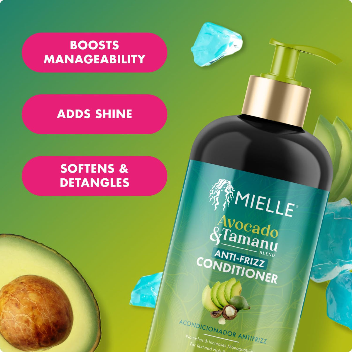 Mielle Organics Avocado & Tamanu Anti Frizz Conditioner for Women & Men - Detangling, Moisturizing & Smoothing Treatment - Frizz Control Detangler for