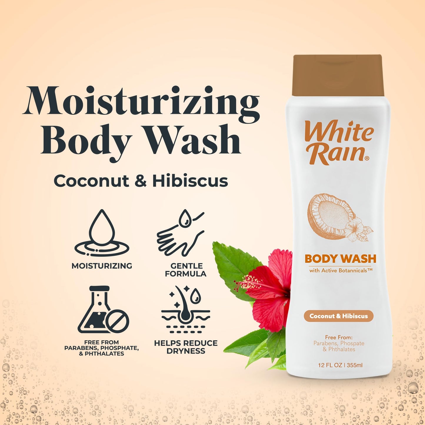 White Rain Coconut & Hibiscus Moisturizing Body Wash for Women & Men - Coconut Body Wash for Dry Skin, Gentle Paraben-Free Formula with Botanical Beauty & Personal Care White Rain