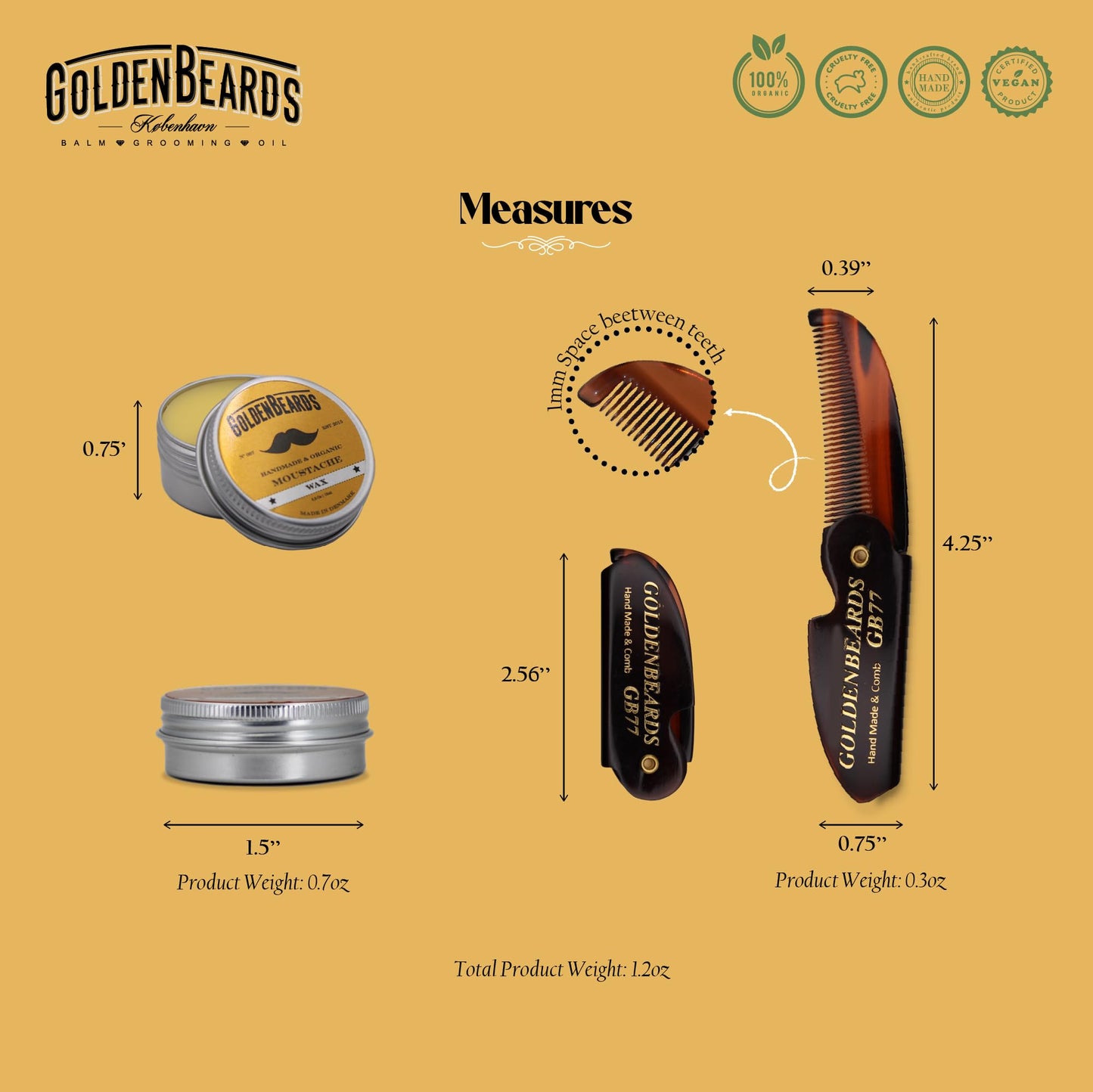 Golden Beards Mustache Wax with GB-77 Folding Comb - Organic & Natural Styling Wax for Men - Strong Hold, Vegan, Cruelty-Free Grooming Kit Beauty and Personal Care Golden Beards Kobenhavn BALM GROOMING OIL