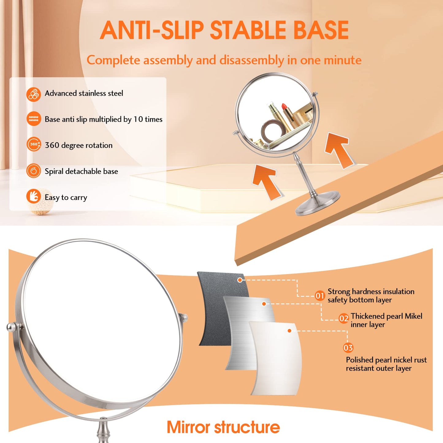 Ohotecy Makeup Mirror 8" Magnifying Mirror 1/10X Magnification, Large Table top Double-Sided Swivel Vanity Mirror Chrome Finish Beauty & Personal Care Ohotecy