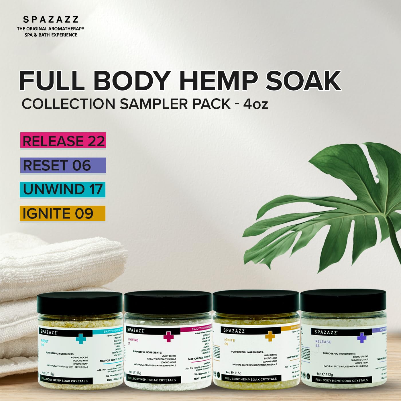 Spazazz Hot Tub Aromatherapy Full Body Hemp Soak Collection Sampler Pack - 4oz 1000 mg Hemp Spa Aromatherapy Hot Tub Bath Salt Crystals 4 Pack Beauty and Personal Care Spazazz
