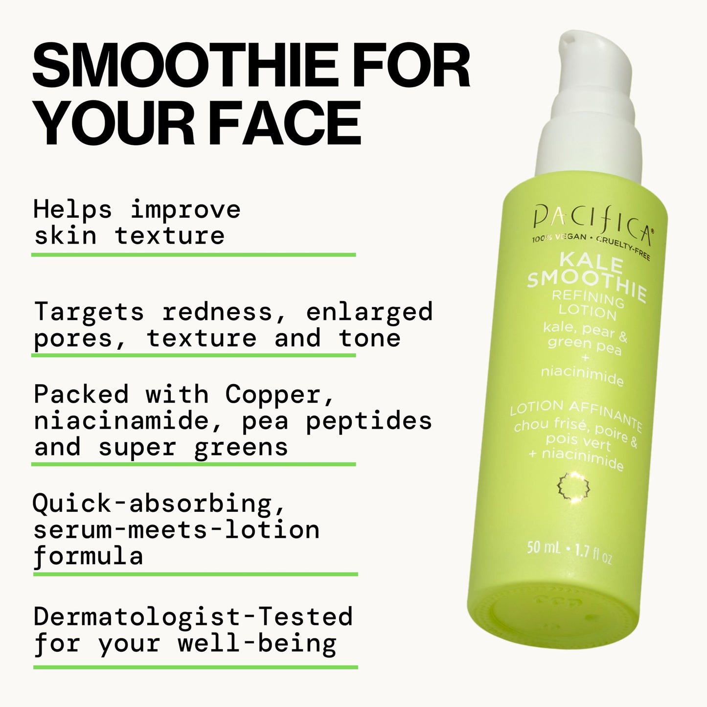 Pacifica Kale Smoothie Face Lotion, Refining Skincare, Face Moisturizer, Niacinamide, Vitamin C and E, Minimize Pores, Face Serum, For All Skin Types Beauty & Personal Care Pacifica