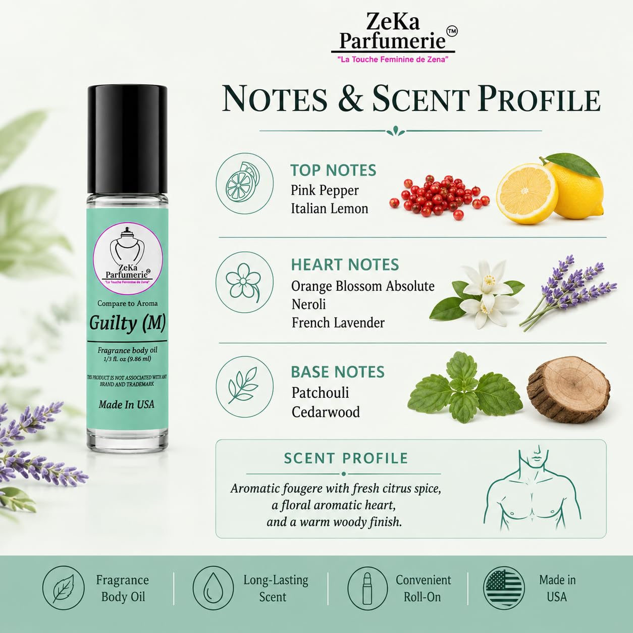 ZEKA PARFUMERIE Compare to Aroma compatible with Guilty for Men Fragrance Body oil on 1/3 oz (9.86ml) Travel size Roll-On Botlle Beauty & Personal Care ZEKA PARFUMERIE
