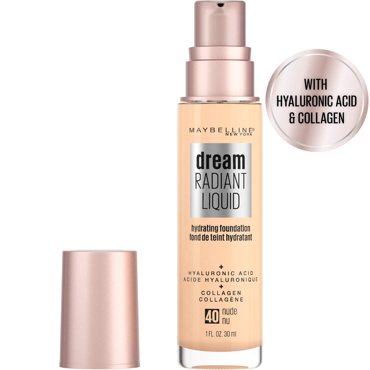 Maybelline Dream Radiant Liquid Medium Coverage Hydrating Makeup, Lightweight Liquid Foundation, Nude, 1 Fl; Oz