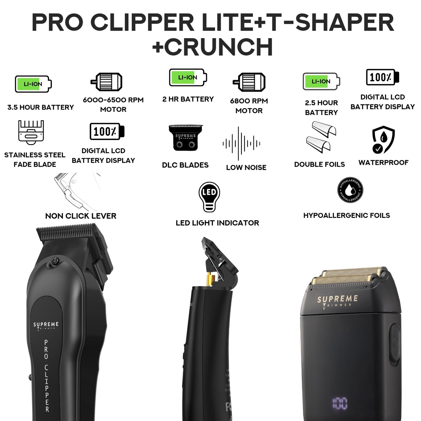 Supreme Trimmer 3-in-1 Barber Bundle - Pro Clipper Lite, T-Shaper Trimmer & Crunch Foil Shaver - Professional Beard Trimmer Men’s Hair Clipper Kit Beauty and Personal Care Supreme Trimmer