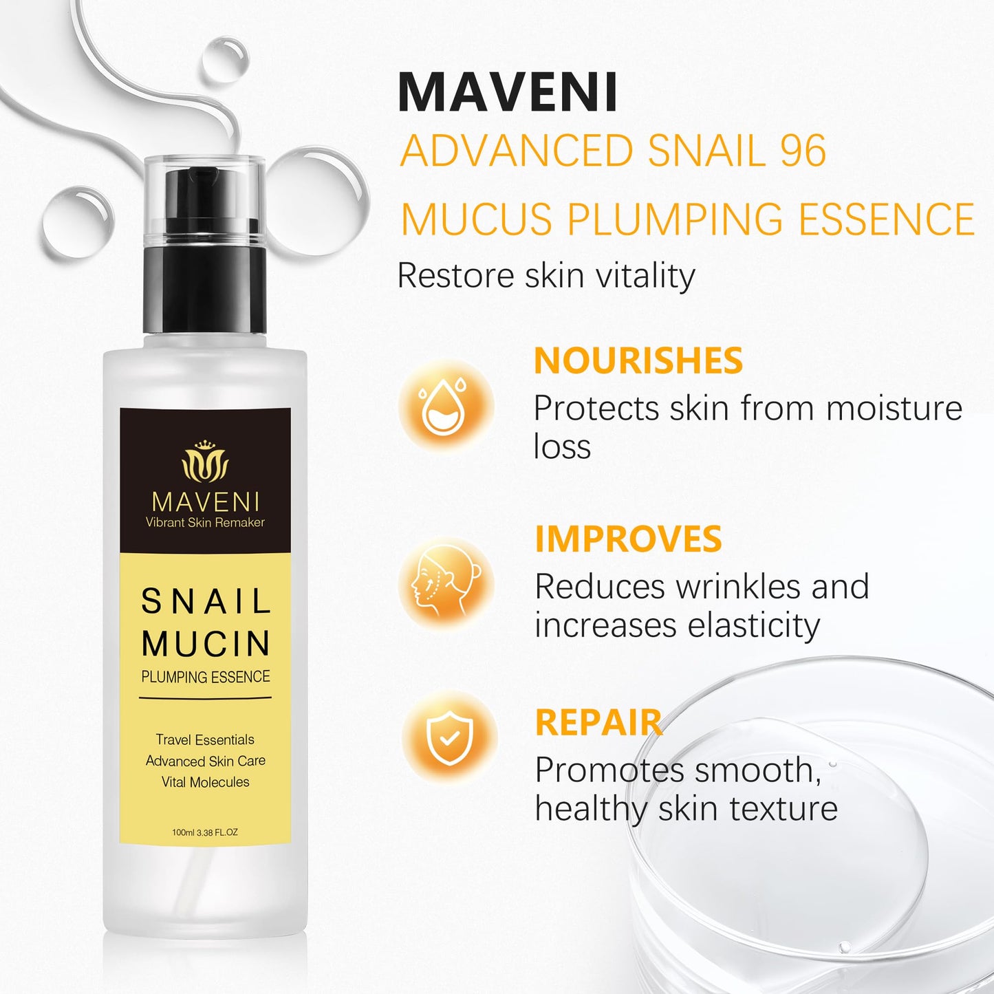 MAVENI High Concentration Snail Mucin Plumping Serum 100ml 3.38 fl.oz,Hydrating Serum with Snail, Reduce Wrinkles and Fine Lines,Smooth Facial Skin Beauty & Personal Care MAVENI