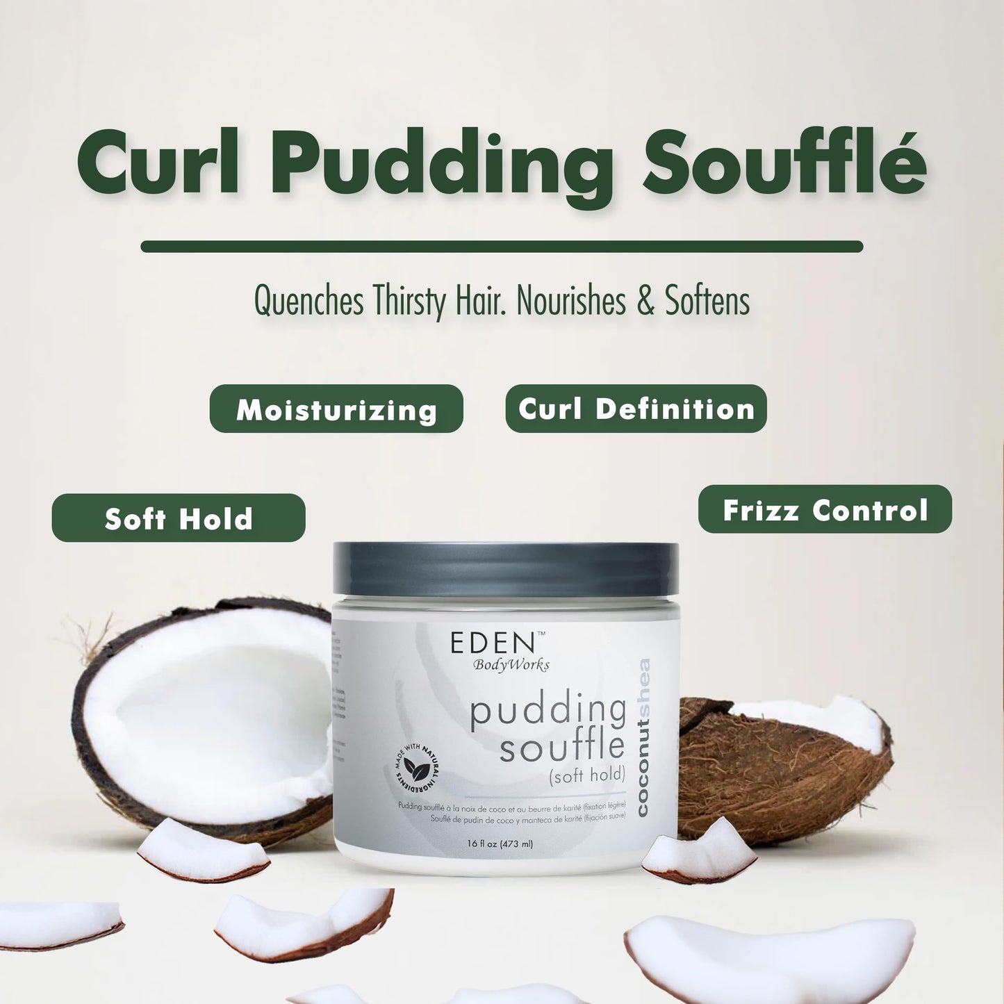 EDEN BodyWorks Coconut Shea Pudding Soufflé | Curl Cream for Curly Hair Products| Styling Cream for Soft Curls Hair Products | 16 oz Beauty & Personal Care EDEN BodyWorks
