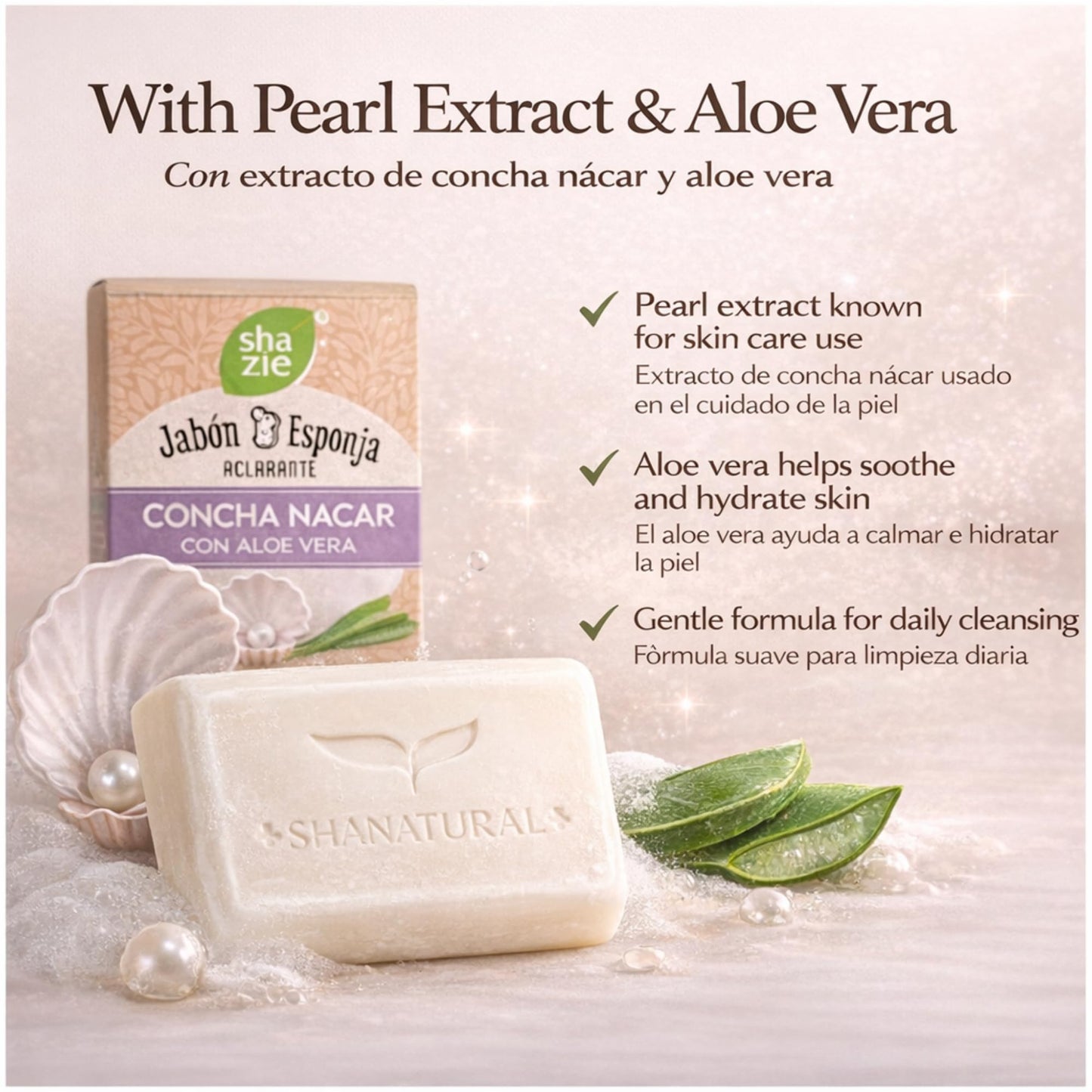 Sha Zie Jabon Esponja with Concha Nacar, Aloe Vera - Soap Sponge for Gentle Skin Care, Mother-of-Pearl Whitening Cream Formula, 3.5 oz Beauty and Personal Care Tu Salud Plus