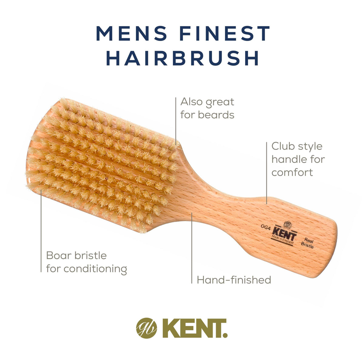 Kent OG4 Rectangular Beachwood Gentlemen's Hair Brush and Facial for Beard Care - Exfoliating Natural Boar Bristle Brush for Mens Grooming, Hair Care,