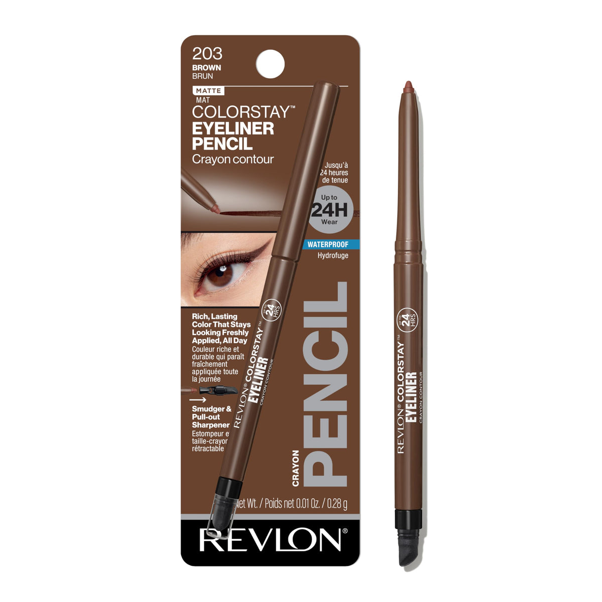 Revlon ColorStay Pencil Waterproof Eyeliner, Smudge-Proof, Eye Makeup with Built-In Sharpener, Stocking Stuffer for Women, 203 Brown, 0.01 oz Beauty & Personal Care REVLON