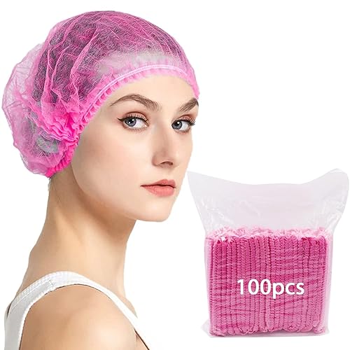 Abnaok Non Woven Disposable Dust Caps, 100 PCS Elastic Caps for Food Industries, Medical Works - Pleated Anti Dust Hat Set Universal Size(Pink) Beauty & Personal Care Abnaok