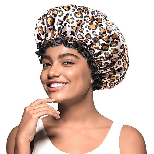 mikimini Medium Shower Cap for Girls and Women,Leopard Stylish Shower Caps with Black Lace,Reusable Waterproof Bathing Shower Hat for Girls Beauty & Personal Care mikimini