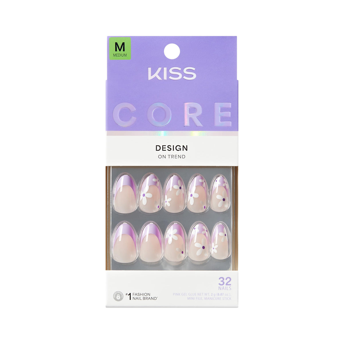 Kiss CORE, Press On Nails, Nail glue included, 'Chasing Sunshine', Pink, Medium Size, Almond Shape, Includes 32 Nails, 2g glue, 1 Manicure Stick, 1