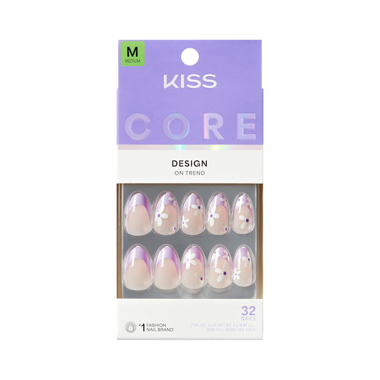 Kiss CORE, Press On Nails, Nail glue included, 'Chasing Sunshine', Pink, Medium Size, Almond Shape, Includes 32 Nails, 2g glue, 1 Manicure Stick, 1