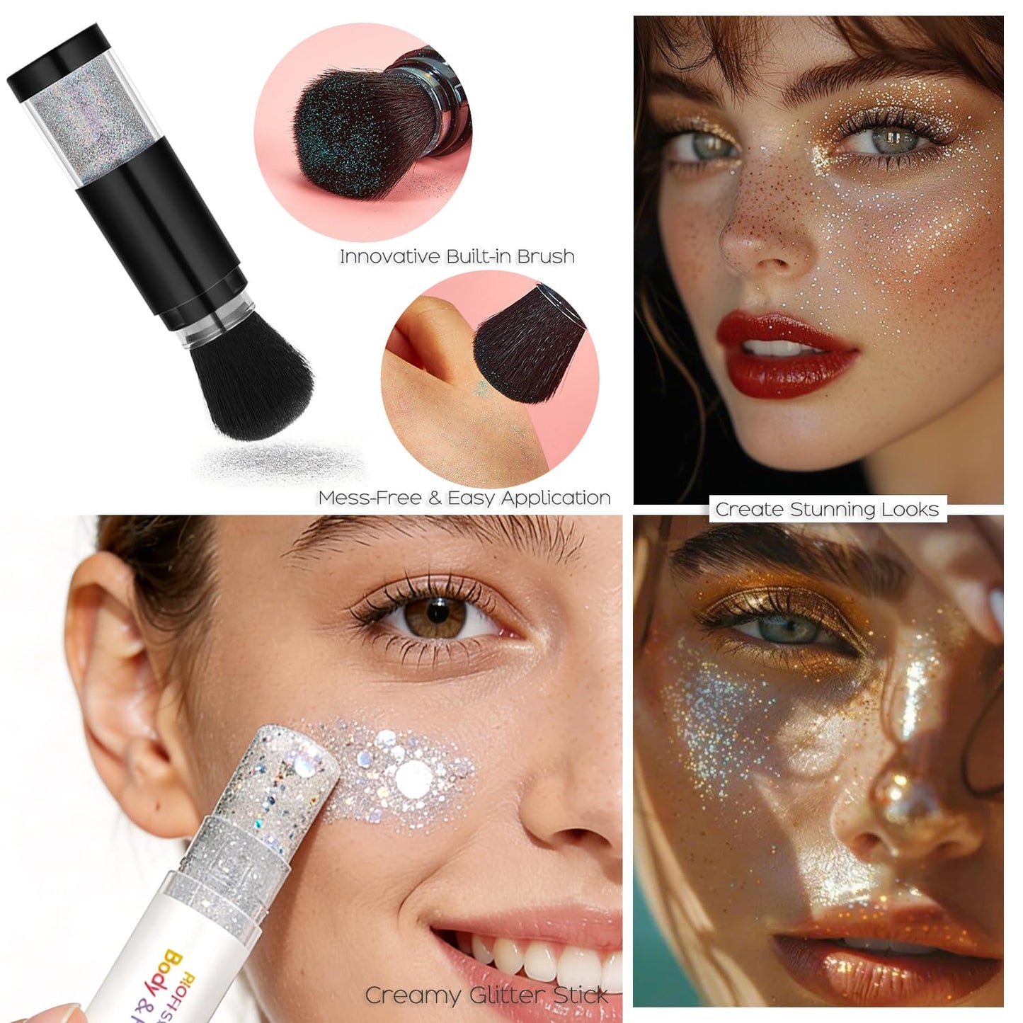 Holographic Mermaid Glitter Makeup Kit: 2-in-1 Body & Face Stick & Loose Powder with Built-in Brush for Festival, Rave, Concert, Carnival | Shimmery Beauty & Personal Care FindinBeauty