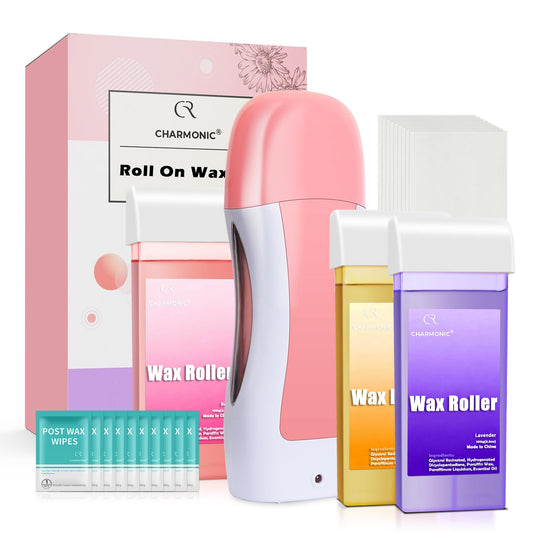 Roll On Wax Kit, Portable Wax Roller Kit for Coarse/Fine Hair Removal, Beginners Waxing Roller for All Skin Types with 3 Pcs 100g Roll Cartridge, 100 Beauty and Personal Care Charmonic
