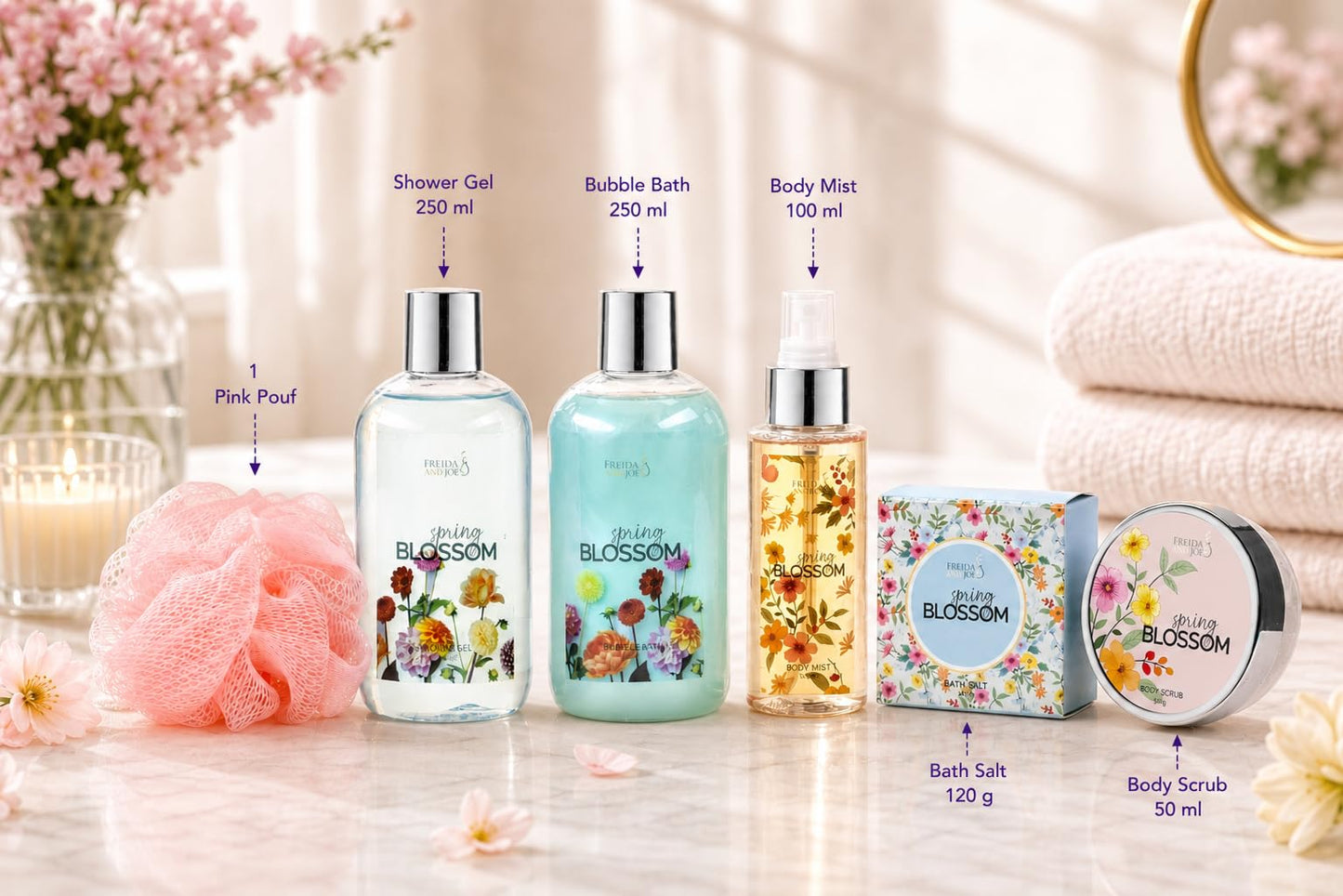 Spring Blossom Spa Gift Basket for Women - Mother’s Day Bath & Body Gift Set with Shower Gel, Bubble Bath, Body Lotion, Bath Salts & Bath Bombs - Self Beauty and Personal Care Freida and Joe