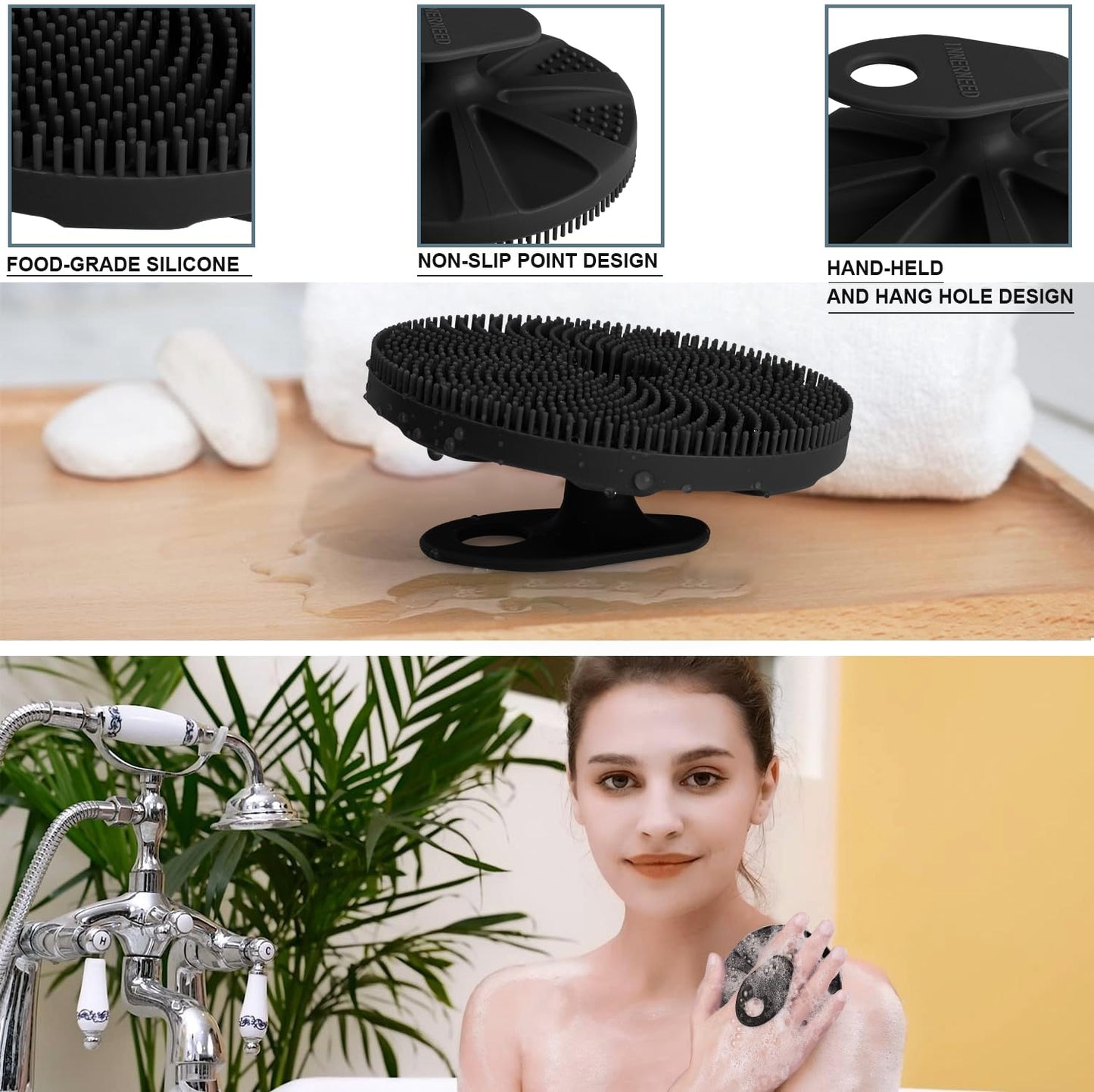Food-Grade Silicone Body Scrubber Exfoliating & Massaging Brush, Black+Gray Beauty and Personal Care INNERNEED