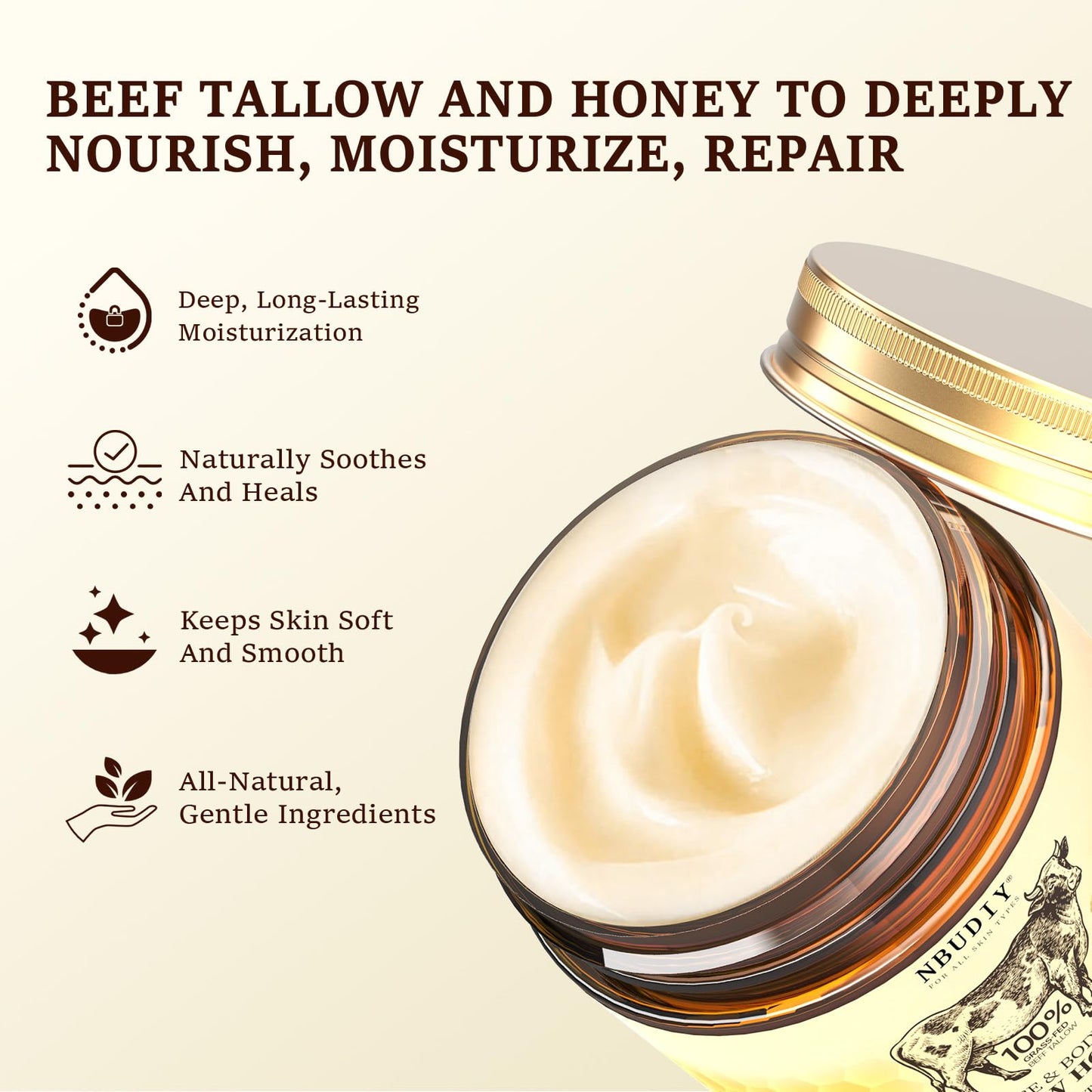 NBUDIY Beef Tallow for Skin, Tallow and Honey Balm, Tallow Face Moisturizer, Grass Fed Beef Tallow for Face - Sensitive Dry Skin Repair, Deeply Beauty & Personal Care NBUDIY