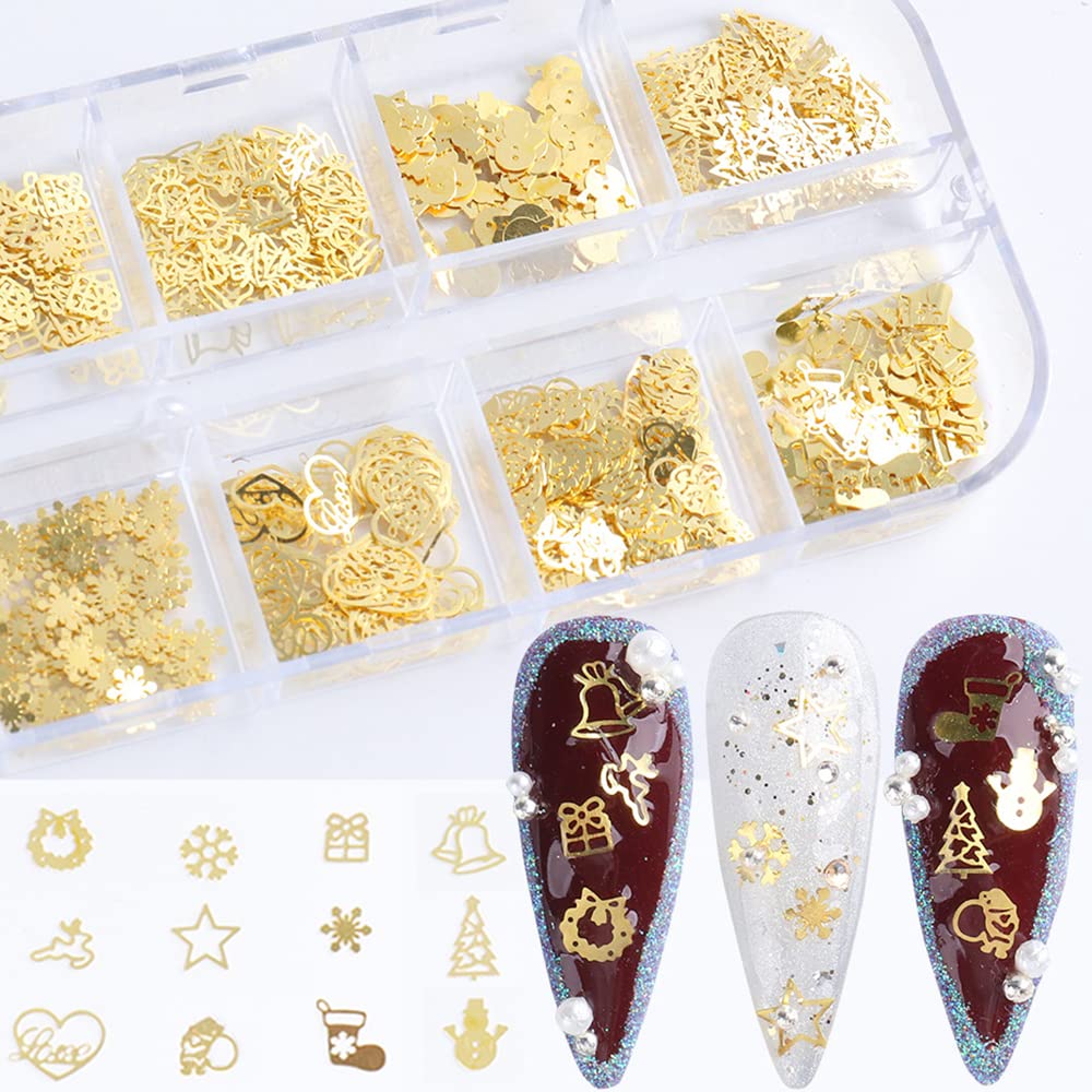 Christmas Nail Art Glitter, 12 Grids Gold Snowflake Nail Charms Snowflakes Snowmen Elk Bell Gift Xmas Tree Christmas Nail Design Winter Confetti Beauty & Personal Care Tyemp