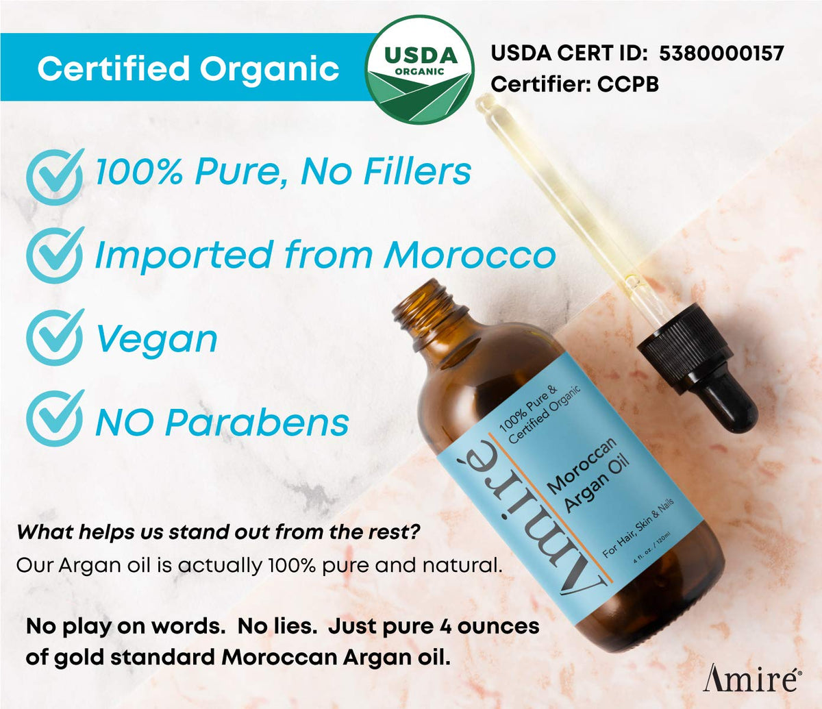 Amire USDA Certified Organic Argan Oil 4oz, Triple Extra Virgin Grade Moroccan Argan Oil for Hair Growth. Skin, Face, & Nails. Moisturizer. Scalp