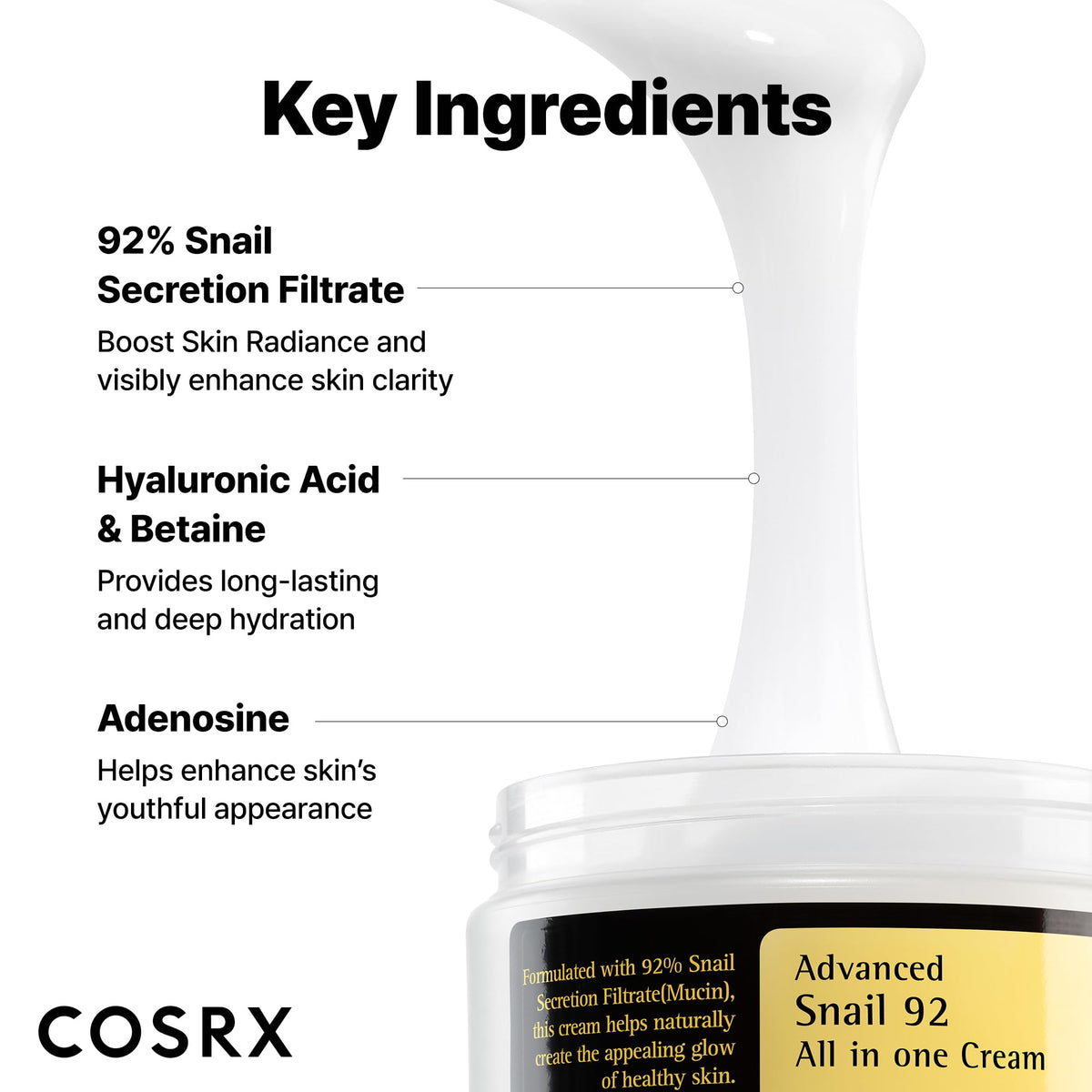 COSRX Snail Mucin 92% Face Moisturizer, 3.52 Oz, Lightweight Moisturing Cream for Soft, Glowy Skin, Korean Skin Care, Korean Moisturizer Face Cream Beauty & Personal Care COSRX