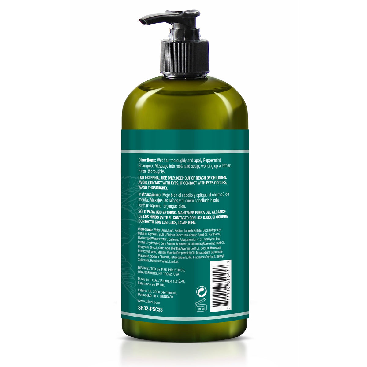 Difeel Peppermint Scalp Care Shampoo 12 oz. - Made with Natural Ingredients