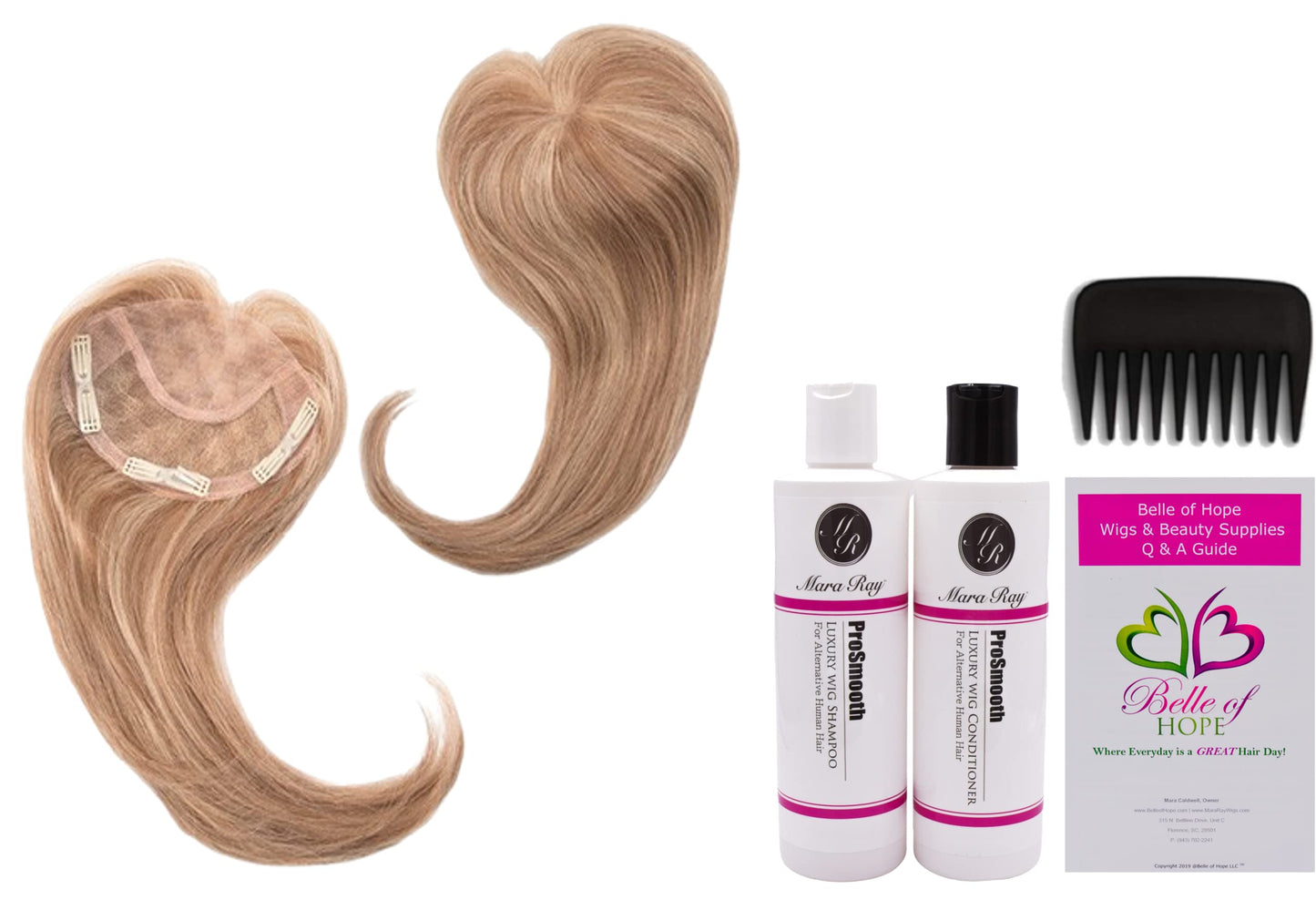ADD-ON FRONT Human Hair/HF Synthetic Blend Topper by Envy, 5PC Bundle: Topper, 4oz Mara Ray Luxury Shampoo & Conditioner, Wide Tooth Comb, and 19 Page Beauty & Personal Care Belle of Hope Mara Ray