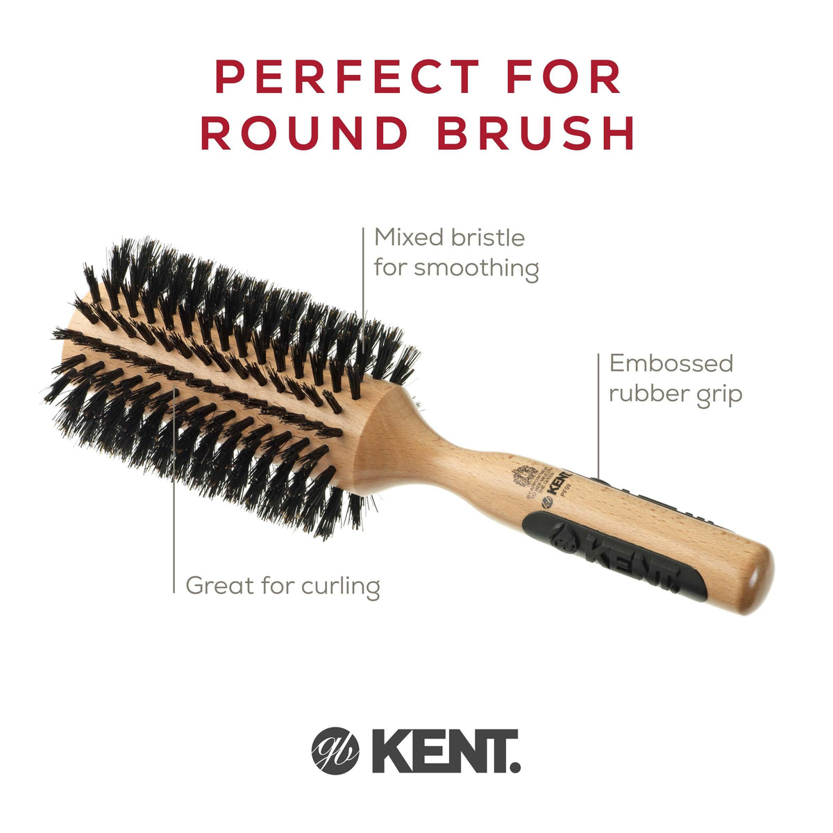 Kent PF09 Large Round Curling Brush with Hard Natural Boar Bristle - Hair Drying Brush and Blowout - Round Brushes for Dry Hair - For Shoulder Length