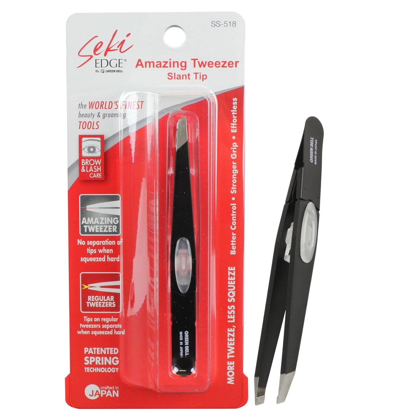 SEKI EDGE SS-518 Amazing Tweezer - Slant Tip with Tension Stopper - Stainless Steel -Black- Crafted with Patented Spring Technology for Precision Beauty and Personal Care Seki EDGE