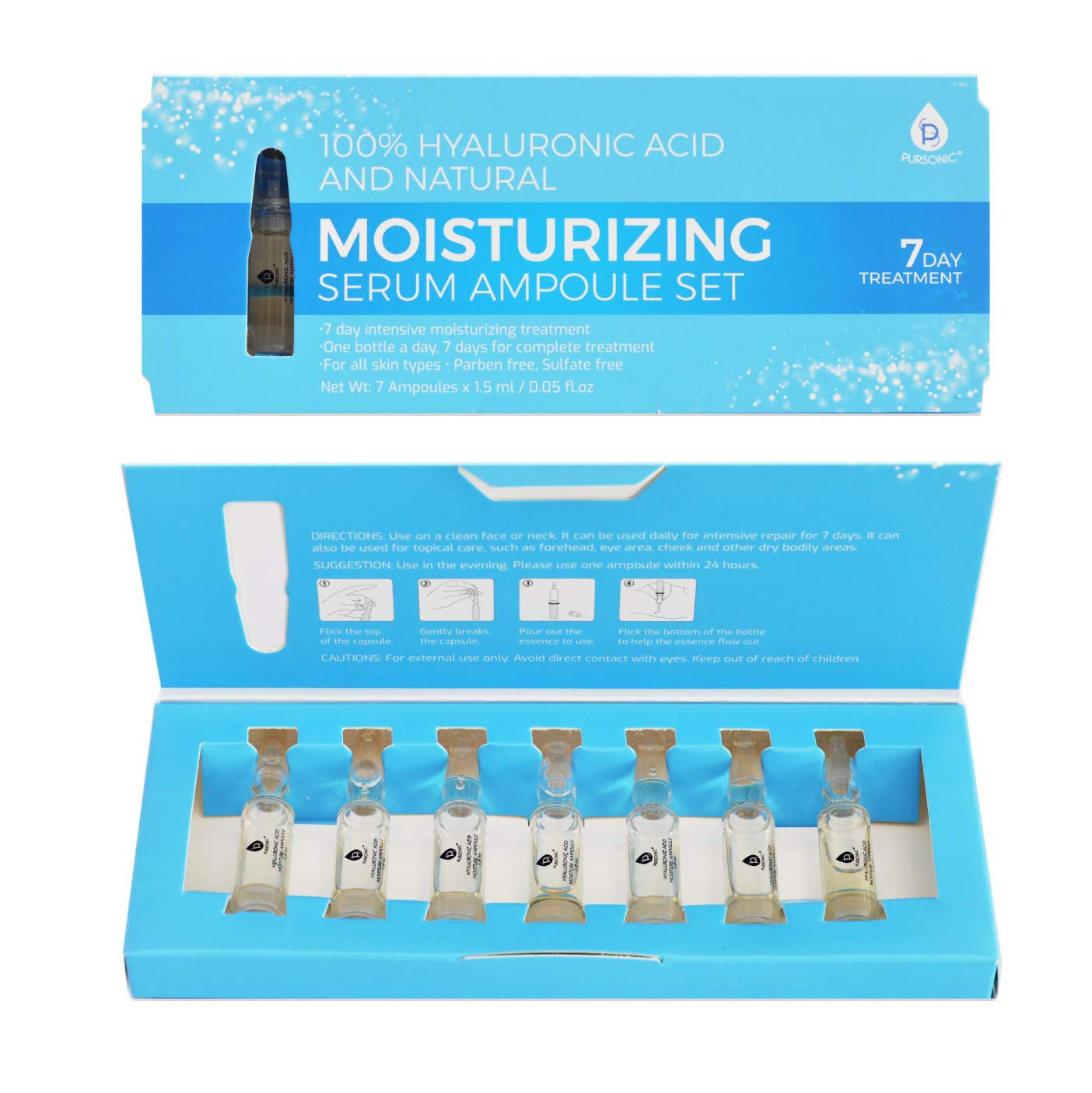 100% Hyaluronic Acid And Natural Moisturizing Serum Ampoule Set,Anti Aging Anti Wrinkle, 7 Day Treatment For All Skin Types Beauty & Personal Care PURSONIC