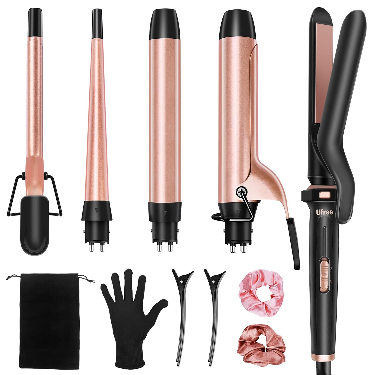 Ufree 5 in 1 Curling Iron with Interchangeable Ceramic Barrels (0.35"-1.25"), Curling Wand Set with Flat Iron Hair Straightener, Instant Heat Up, Dual Beauty and Personal Care Ufree