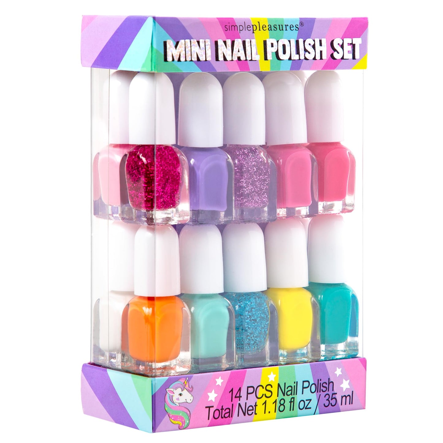 SIMPLE PLEASURES Rainbow Glitter Kids Nail Polish Set for Girls - 14 Water-Based Non -Toxic Nail Art Kit - Gift Set for Ages 7-12 Beauty & Personal Care SIMPLE PLEASURES