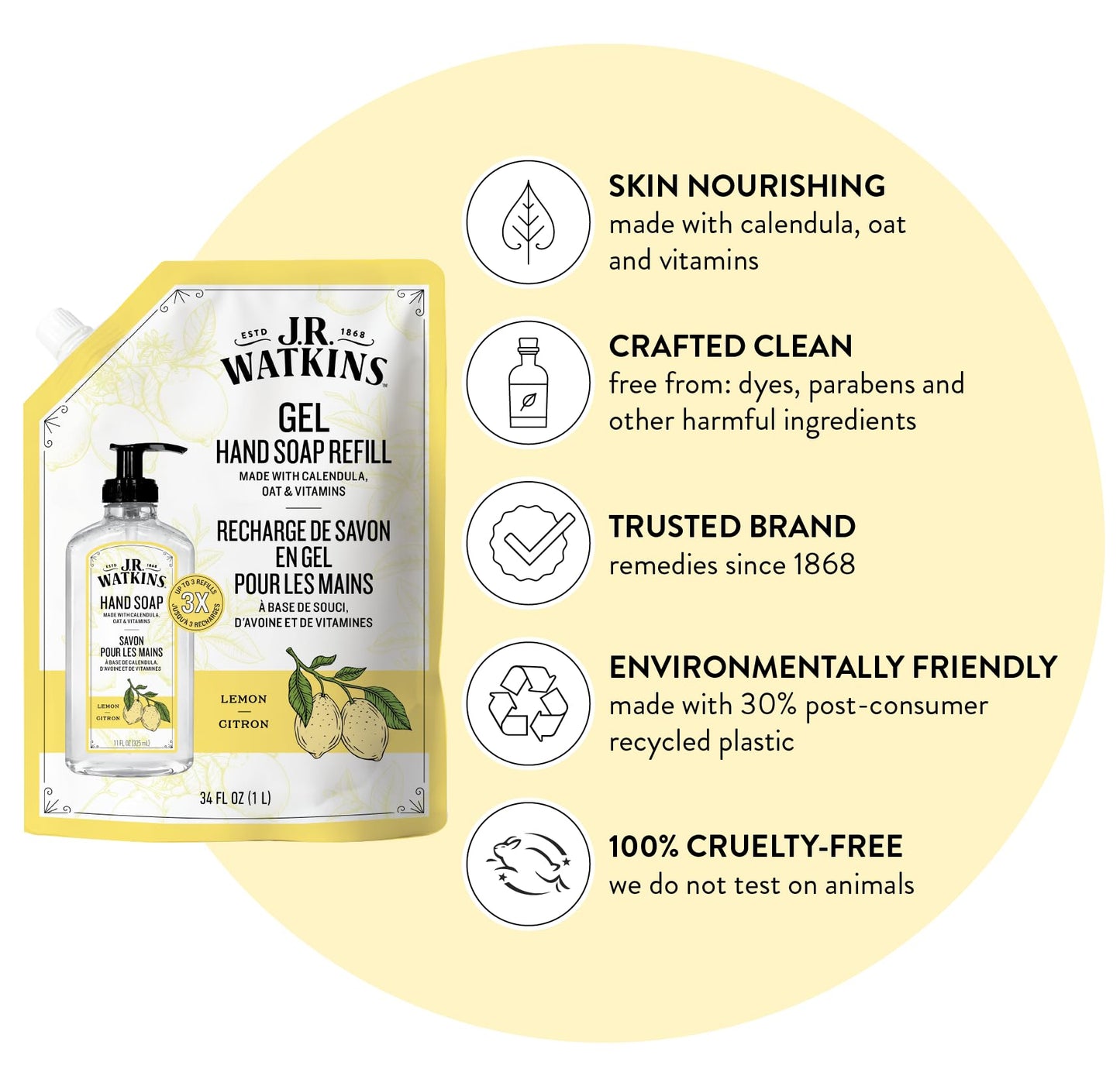 J.R. Watkins Gel Hand Soap Refill, Moisturizing Hand Wash, Formulated with Plant-Based Cleansers, Alcohol-Free, Cruelty-Free, Lemon, 34 Fl Oz, 2 Pack Beauty and Personal Care J.R. Watkins