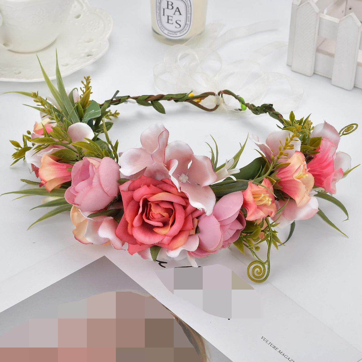 LLinfflr Women Floral Crown Boho Flower Headband Halo Headpiece Rosy Prom