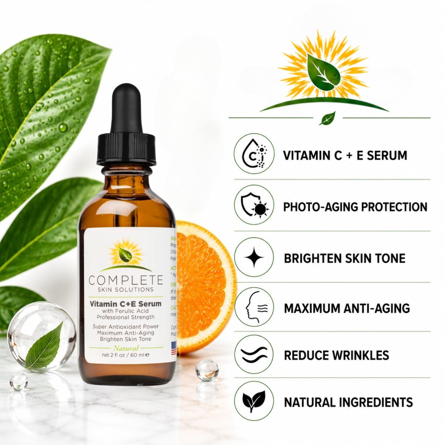 Complete Skin Solutions Natural Vitamin C E Serum With Ferulic Acid 2 oz Beauty & Personal Care COMPLETE SKIN SOLUTIONS