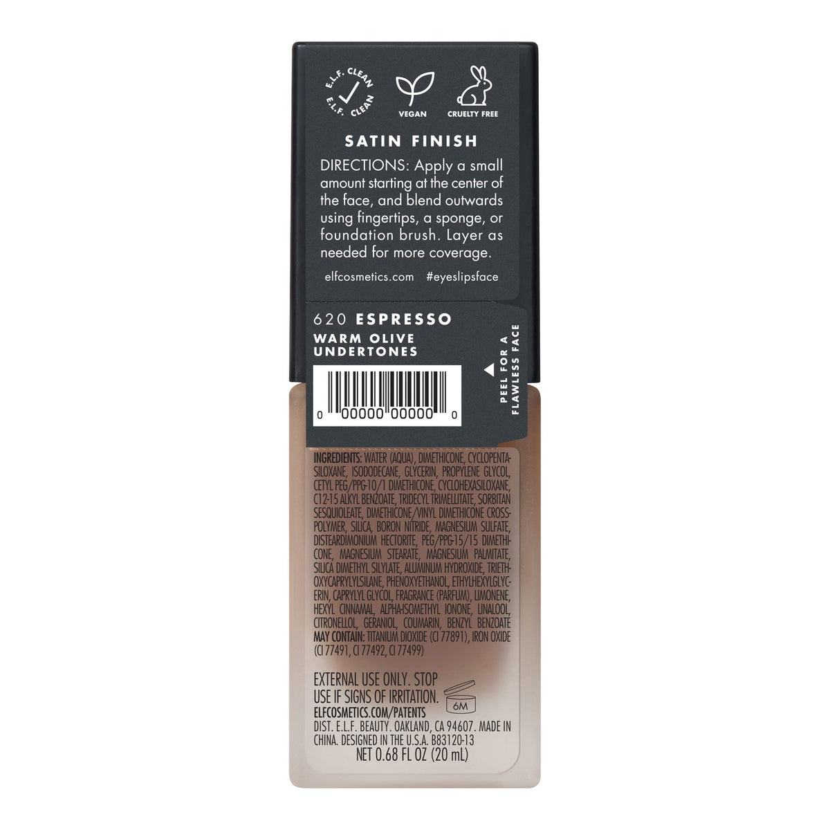 e.l.f. Flawless Satin Foundation, Lightweight & Medium Coverage, Semi-Matte Finish, Vegan , Espresso, 0.68 Fl Oz (20mL) Beauty & Personal Care e.l.f.