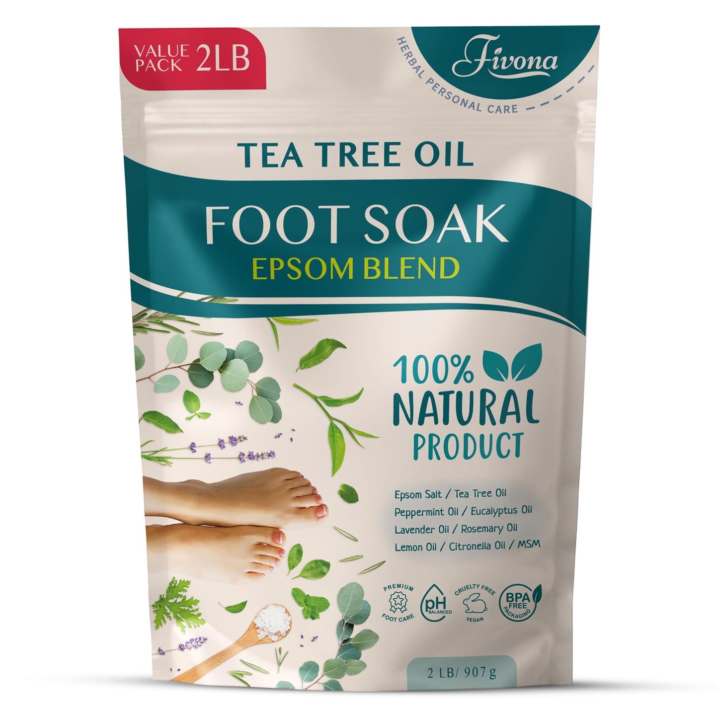 Foot Soak Epsom Salt with Tea Tree Oil 2 LB - Epsom Salt with Essential Oils for Healthy Toenails, Soothing Relief, Callus Softening - Pedicure Beauty and Personal Care FIVONA