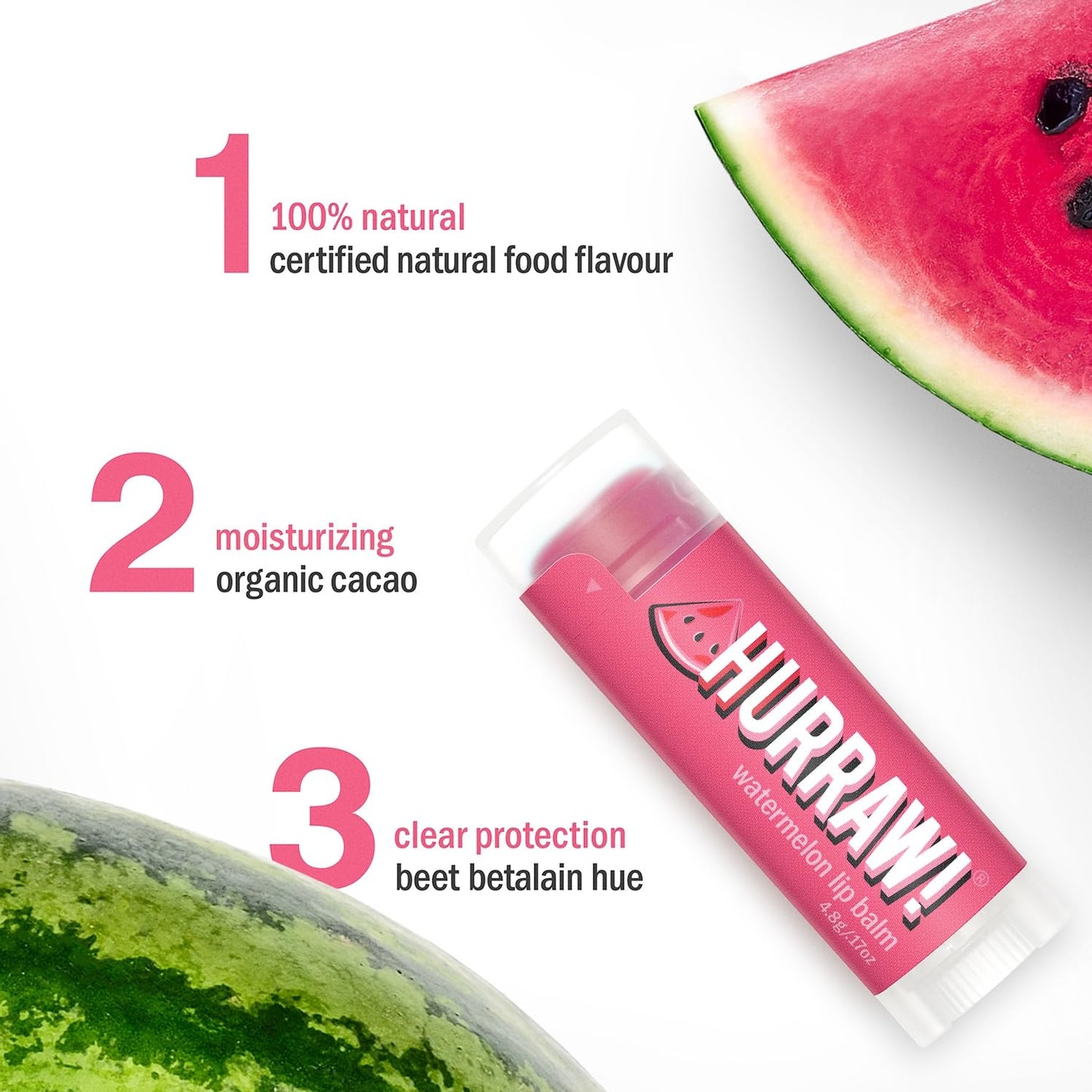 Hurraw! Watermelon Lip Balm, 3 Pack: Organic, Certified Vegan, Cruelty and Gluten Free. Non-GMO, 100% Natural Ingredients. Bee, Shea, Soy and Palm Beauty and Personal Care HURRAW!