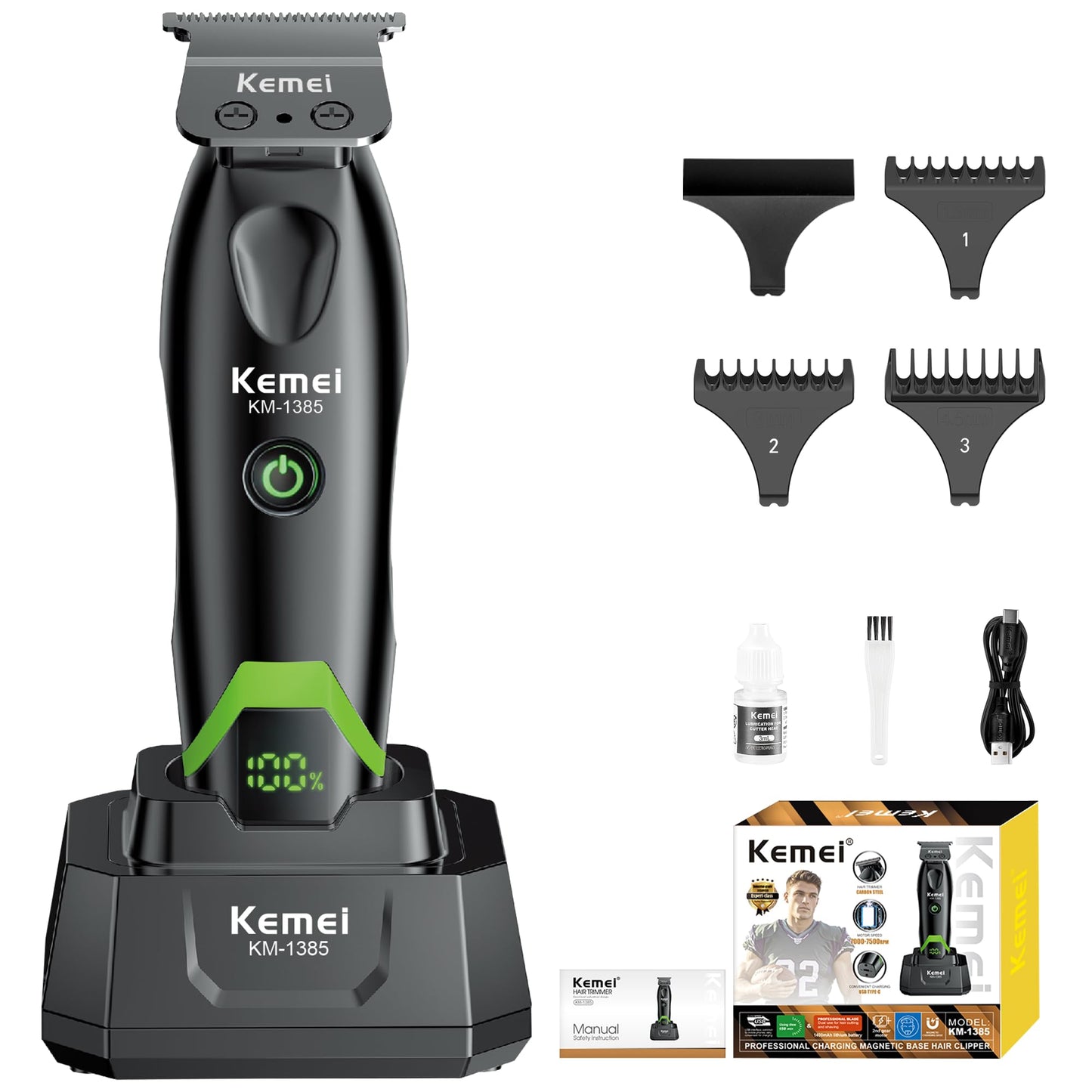 KEMEI 1385 Professional Zero Gapped T-Blade Cordless Hair Trimmer for Men Beauty and Personal Care KEMEI