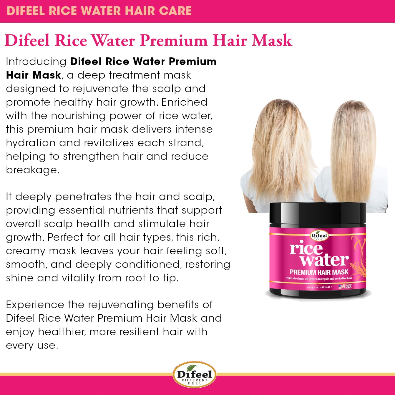 Difeel Premium Rice Water Hair Mask 12 oz. - Deep Repair Mask for Dry, Damaged Hair Beauty & Personal Care Difeel