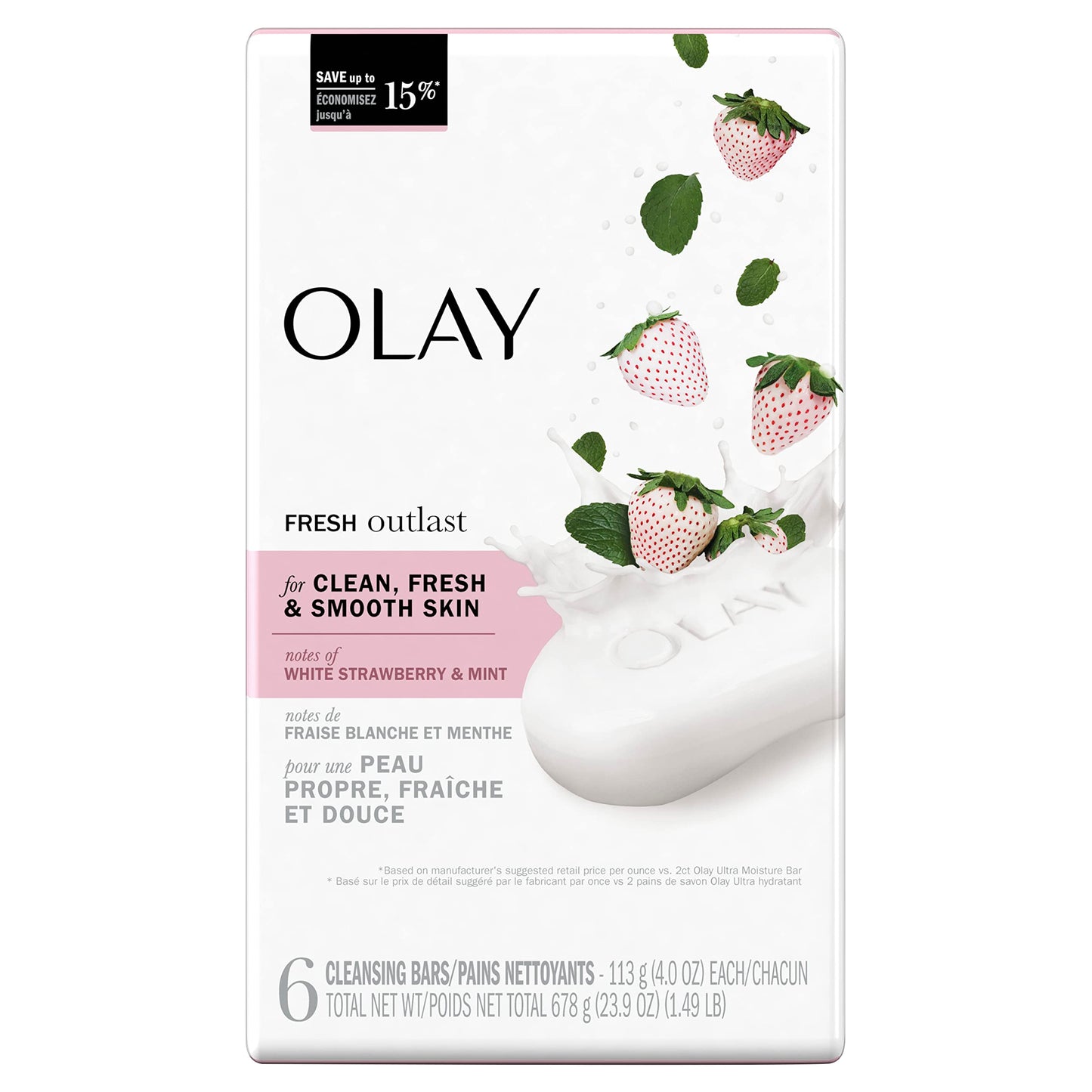 Olay Fresh Outlast Notes Of Cooling White Strawberry & Mint Beauty Bar, 4 oz, 6 count Beauty & Personal Care Olay