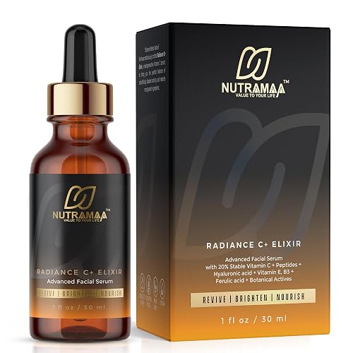 Radiance C+ Elixir 20% Vitamin C Face Serum with Hyaluronic Acid & Peptides, Ferulic Acid + Vitamin E - Brightening, Hydrating, Anti Aging Beauty & Personal Care NUTRAMAA
