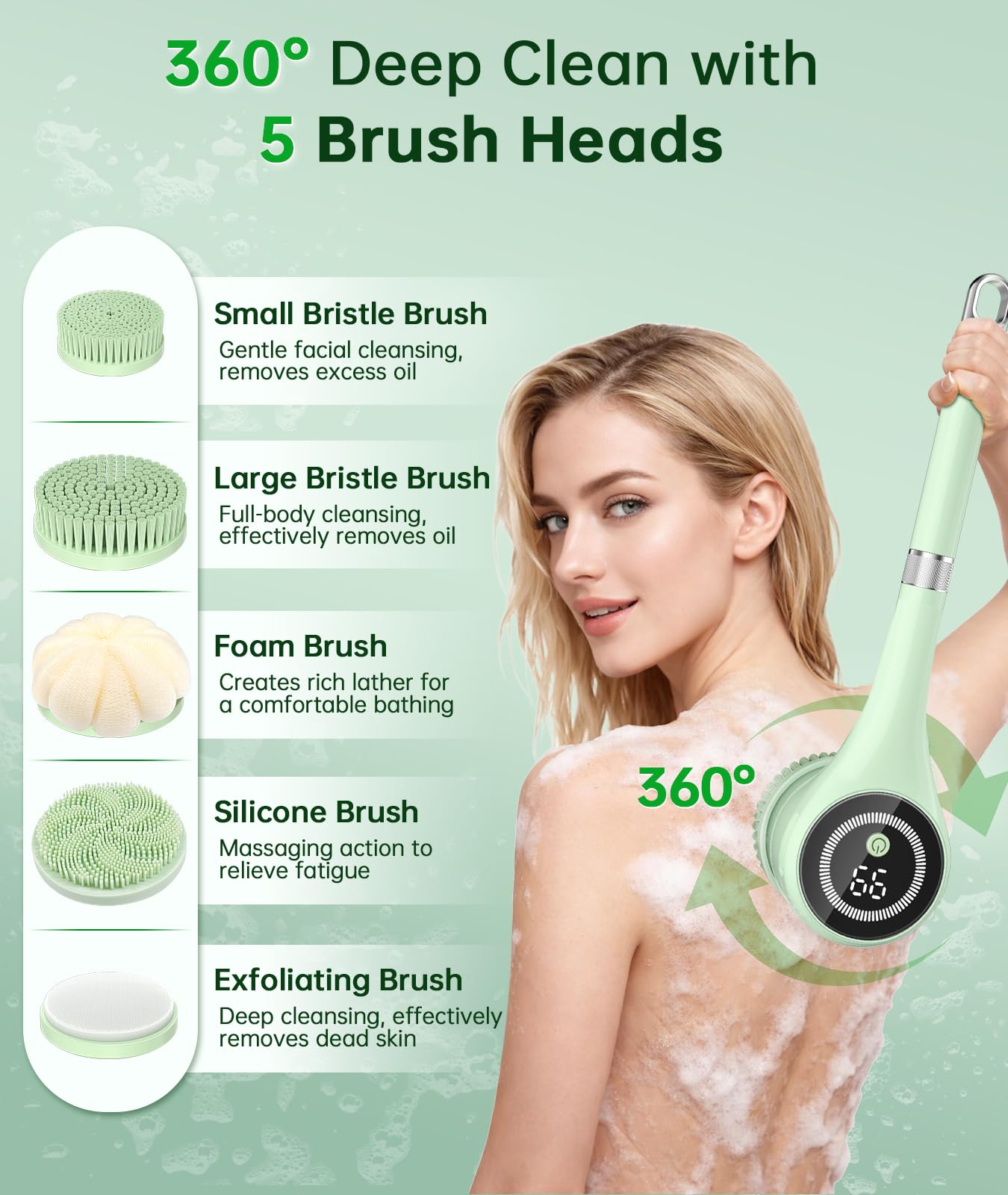 Electric Body Brush Back Scrubber for Shower, Waterproof Long Handle Power Auto Body Scrubber with 5 Heads, 3-Speed Rechargeable Bath Brush for Women Beauty and Personal Care LUBEJR