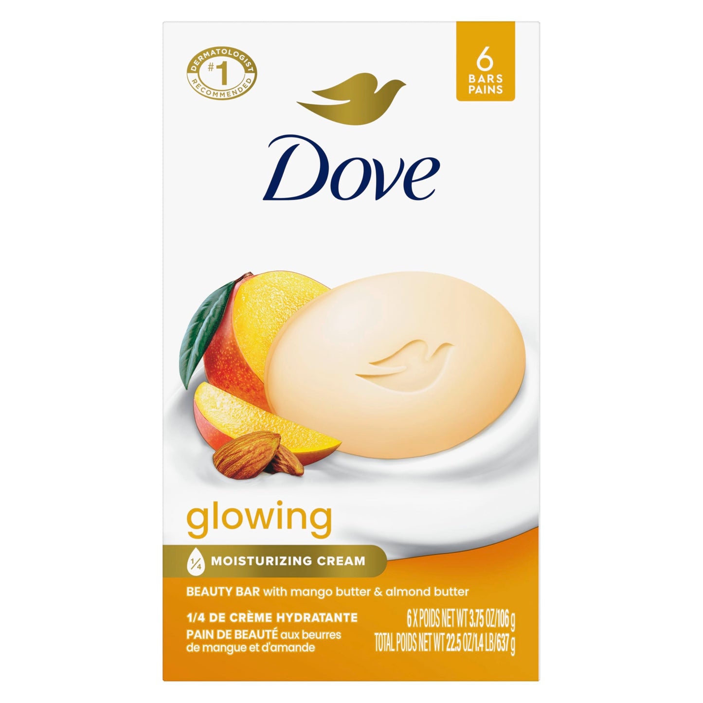 Dove Beauty Bar Soap Glowing Mango & Almond Butters, 6 Bars for Radiant Skin, Illuminates Skin 3.75 oz Beauty & Personal Care Dove